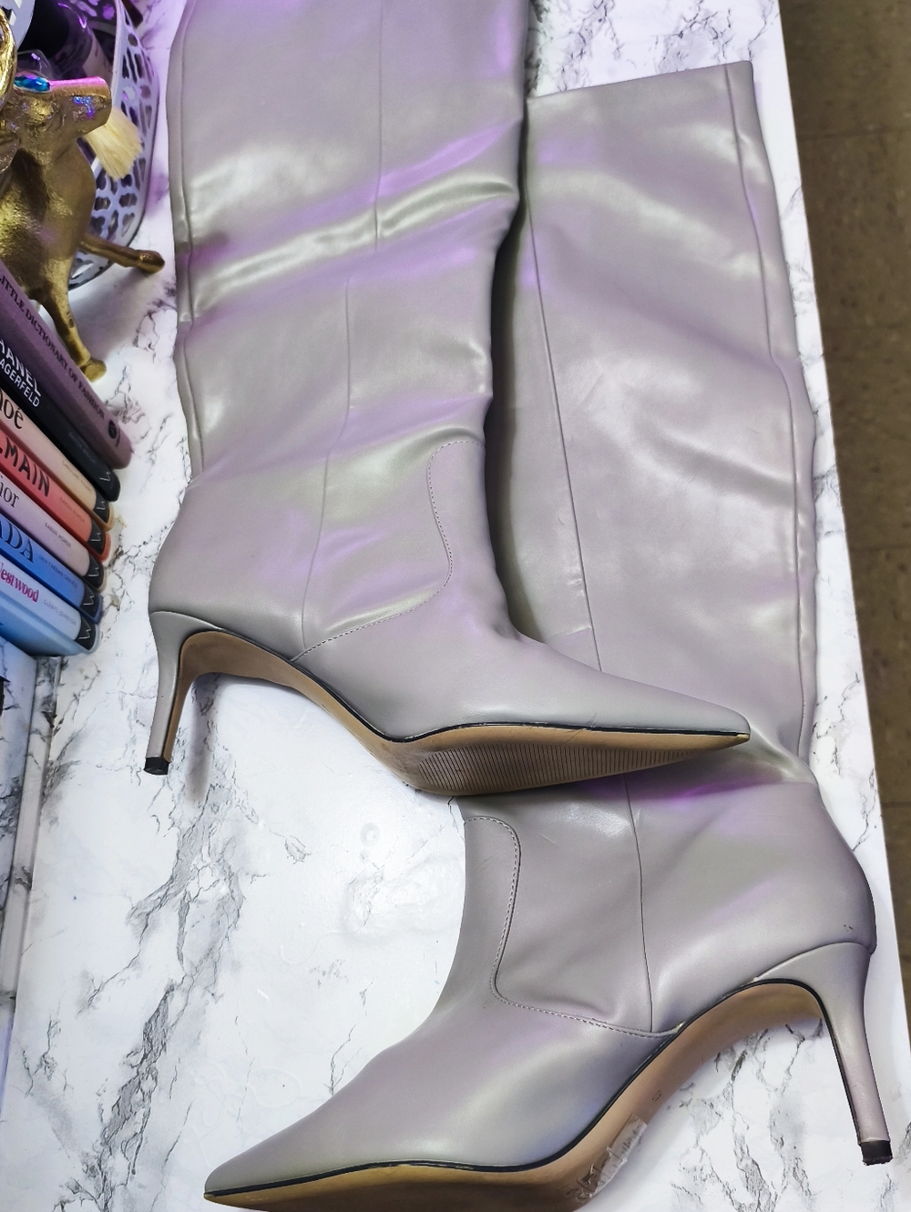 Knee-High Pointed-Toe Stiletto Boots in Light Gray